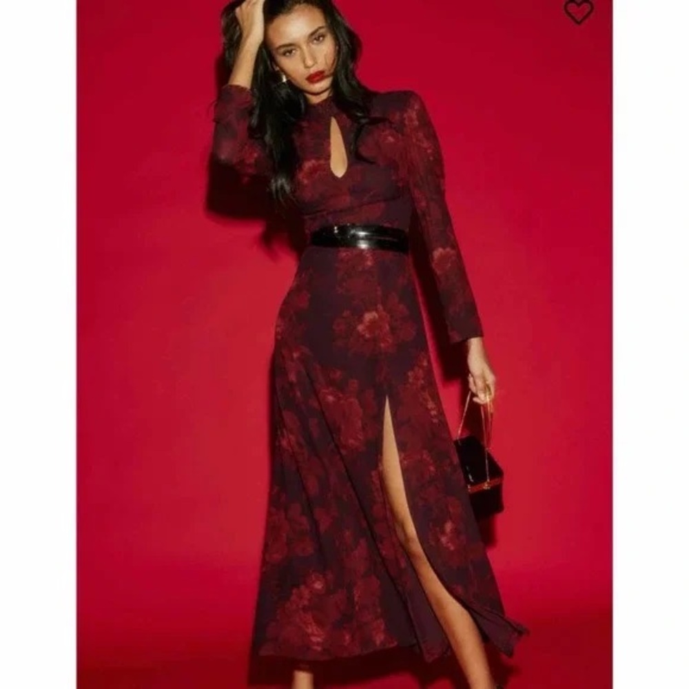 Reformation Castalia red sanguine burgundy long sleeve floral midi dress size 8